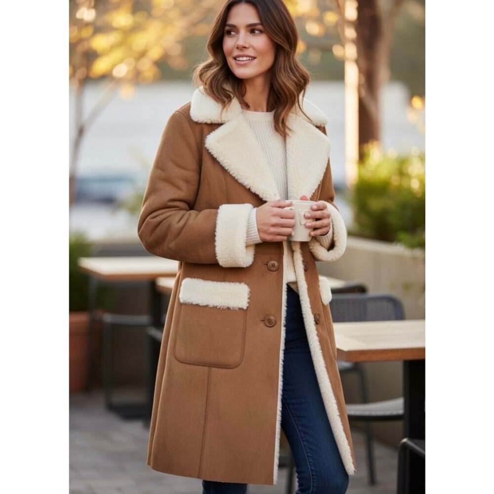 Ann Taylor LOFT Long Coat Jacket Fall Winter-Size 4P Petites Faux Shearling